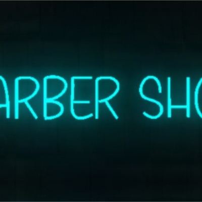 Neon azul com texto BARBER SHOP numa parede escura