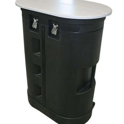 Bar portátil preto com tampo oval branco e fechos metálicos