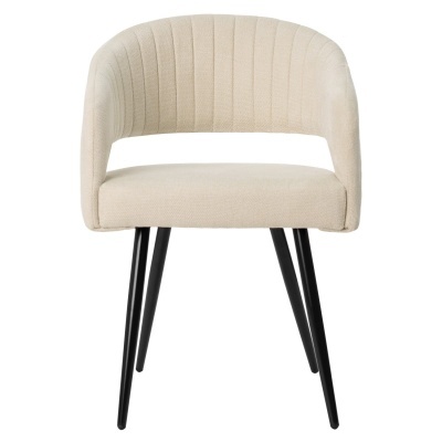 Cadeira creme com pernas pretas e encosto curvo riscado