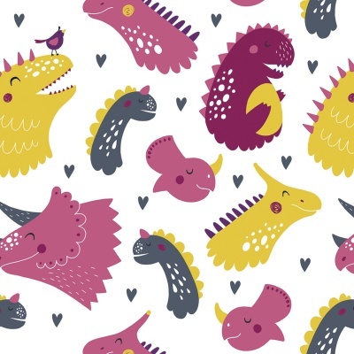 Padrão colorido de cabeças de dinossauros com corações em fundo branco