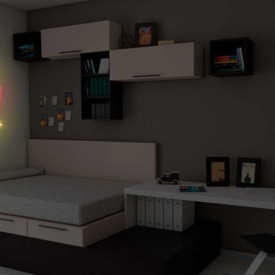 Quarto moderno com cama cinza, estantes brancas, secretária com computador e iluminação neon 'YEAH!'