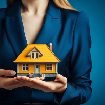 Pessoa segurando casa amarela em miniatura com fundo azul escuro