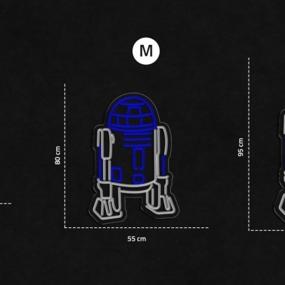 Ilustrações do robô R2-D2 nos tamanhos S, M e L com dimensões e fundo preto