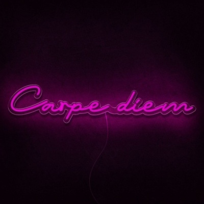 Letreiro de néon rosa com texto 'Carpe diem' numa parede escura