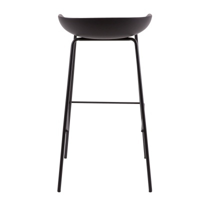 Banco alto preto com assento de plástico e pernas metálicas finas