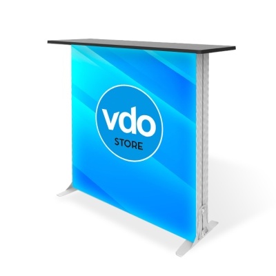 Balcão promocional azul com texto vdo STORE