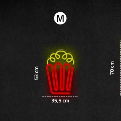 Três designs de neon de pacote de pipocas com tamanhos small, medium e large indicados