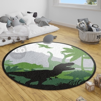 tapete redondo com padrão de dinossauros em quarto infantil acolhedor