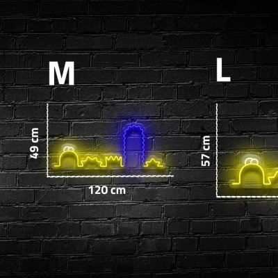 Painéis de luzes LED neon em forma de skyline em três tamanhos contra parede escura