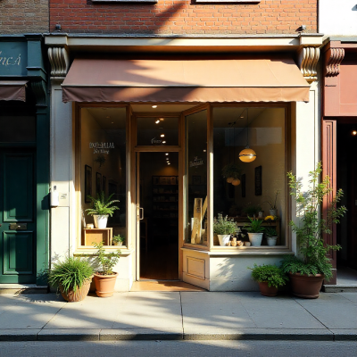 Fachada de loja com plantas e toldo bege