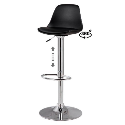 cadeira de bar preta com base cromada ajustável e giratória