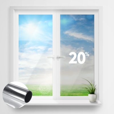 Janela dupla branca com texto 20% e vaso com planta