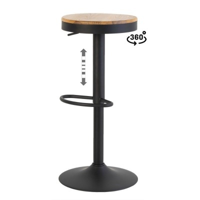Banco alto com assento redondo de madeira e base preta ajustável e giratória