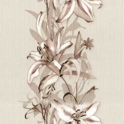 Papel de parede com padrão floral bege e castanho sobre fundo claro