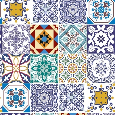 Azulejos decorativos coloridos com padrões geométricos e florais