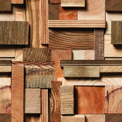 Tábuas de madeira empilhadas com várias texturas e cores formando um padrão