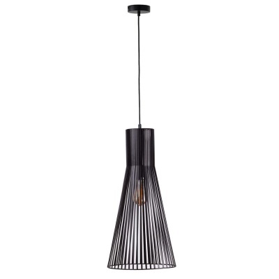Candeeiro de teto pendente em metal preto com design cónico e barras verticais