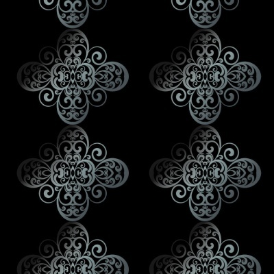 Padrão repetitivo de arabescos cinzentos em forma de cruz sobre fundo preto