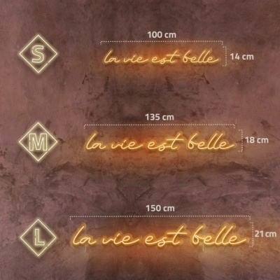 Letreiros de néon amarelo com texto 'la vie est belle' em três tamanhos diferentes numa parede rústica castanha.