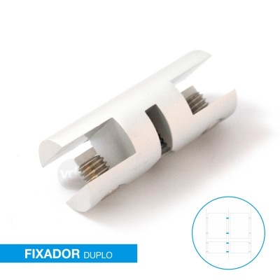 Fixador duplo metálico branco com parafusos e esquema técnico