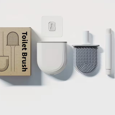 Conjunto de escova de sanita branco com suporte e embalagem