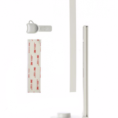 Suporte branco em L com base, tira adesiva 3M e dispositivo pequeno com botão