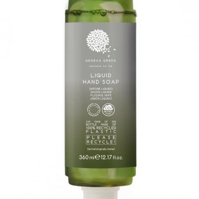 Frasco verde translúcido de sabonete líquido para mãos da marca Geneva Green com etiqueta cinza