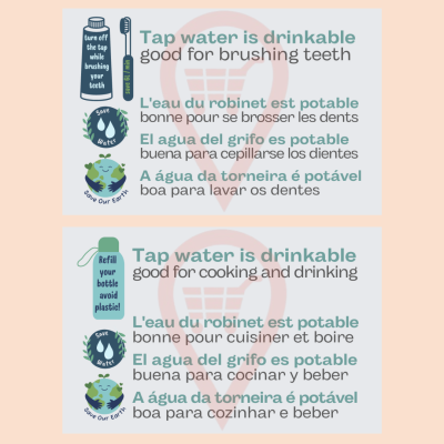 Instruções multilingues destacando que a água da torneira é potável para higiene e consumo