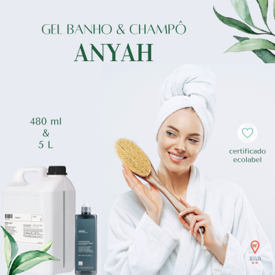 Produto gel banho e champô ANYAH com mulher de bata branca e toalha na cabeça