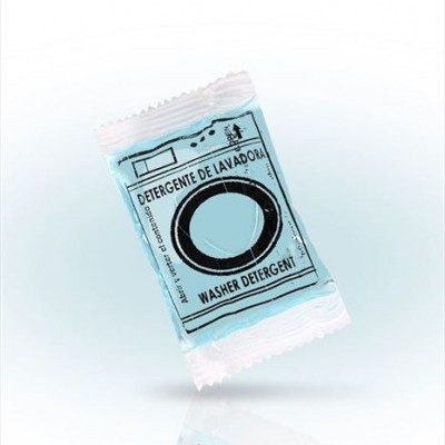 Pacote pequeno de detergente para lavadora azul claro e branco com texto e círculo preto