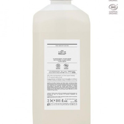 Frasco branco de plástico com tampa preta contendo sabonete líquido e etiqueta detalhada