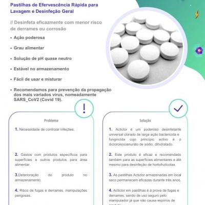 Pastilhas efervescentes brancas para desinfeção Acticlor com texto informativo em português.