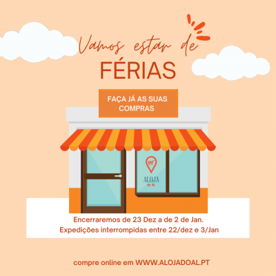 Anúncio de férias e encerramento temporário de loja com elementos gráficos em tons de laranja