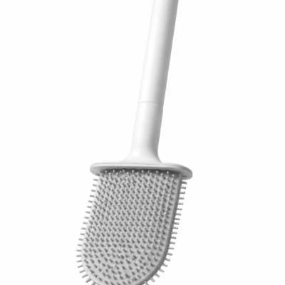Escova de banho branca com cabo longo e cerdas de silicone