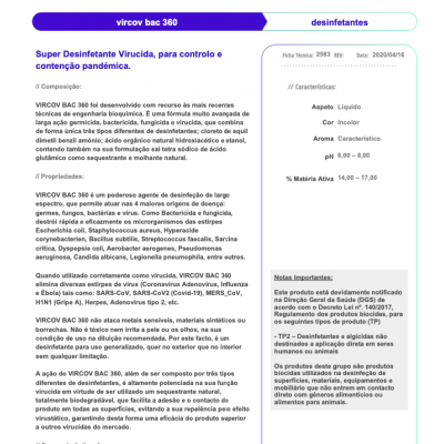 Página de descrição do produto Super Desinfetante Virucida VIRCOB BAC 360 com detalhes técnicos e uso