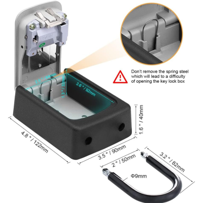 Tranca de segurança preta com barra em U e instruções em inglês
