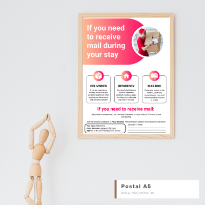 Pôster informativo emoldurado com figura de madeira e etiqueta Postal A5