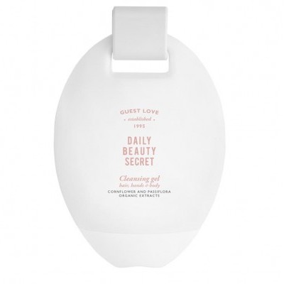 Frasco oval branco com texto vermelho e cinza de gel de limpeza