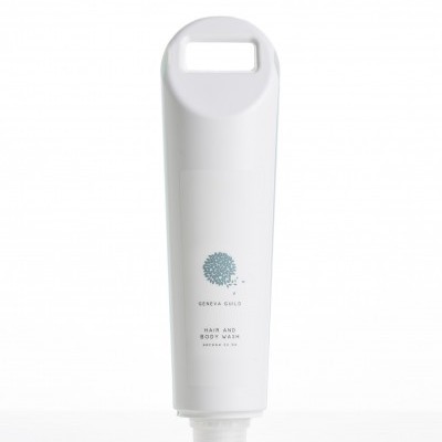 Frasco branco de champô e gel de banho com tampa transparente