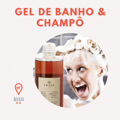 Garrafa de gel de banho e champô PRIJÁ e mulher com espuma no cabelo sorrindo