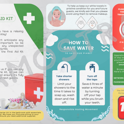 Kit primeiros socorros com cartazes informativos sobre água, toalhas e lixo sanitário