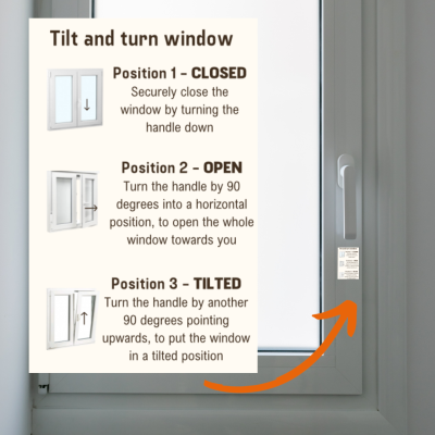 Janela branca com pega e autocolante instruções de posicionamento da janela em inglês