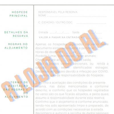 Boletim de reserva de alojamento local em português com campos para dados e regras.