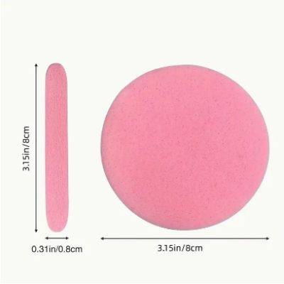 Esponja de maquilhagem rosa redonda com medidas ao lado