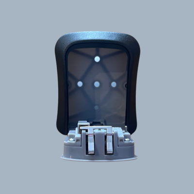 Suporte para telemóvel preto e cinza ajustável sobre fundo cinza