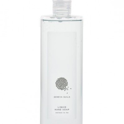 Frasco transparente de sabão líquido para mãos Geneva Guild com rótulo branco minimalista