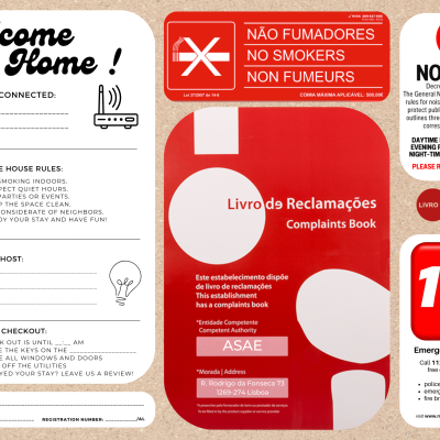 Placas e livro de reclamações com avisos e instruções em inglês e português numa parede branca