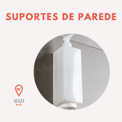 Suporte de parede branco com dispensador e texto SUPORTES DE PAREDE