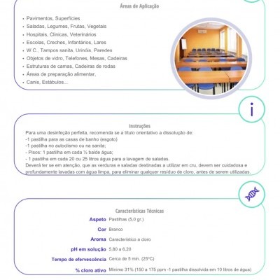 Textos informativos sobre pastilhas de limpeza em português Europeu.