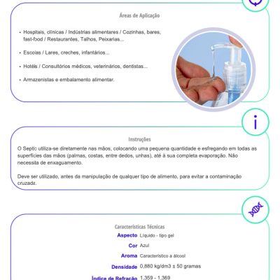 Frasco doseador transparente com líquido azul e texto informativo em português